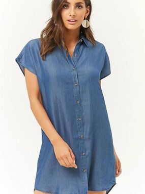 Forever 21 Blue Denim Button-Front Shirt Dress